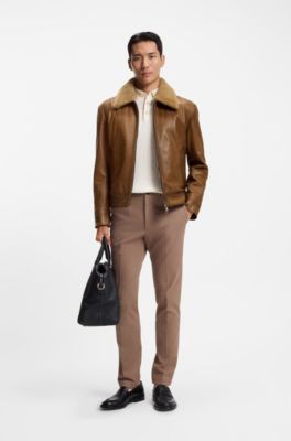 Veste en cuir nappa avec garnissage et col amovible en peau retourn&eacute;e, Marron