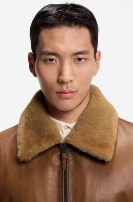 Veste en cuir nappa avec garnissage et col amovible en peau retourn&eacute;e, Marron