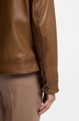 Veste en cuir nappa avec garnissage et col amovible en peau retourn&eacute;e, Marron