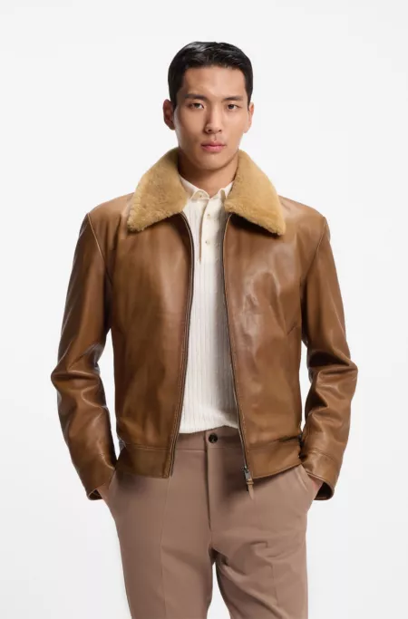Leather jacket with detachable shearling collar