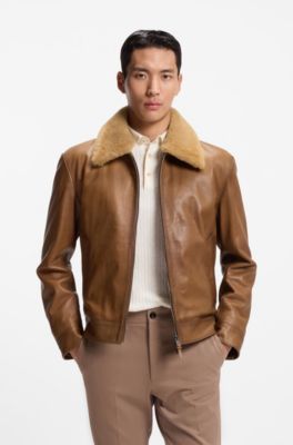 Veste en cuir nappa avec garnissage et col amovible en peau retourn&eacute;e, Marron