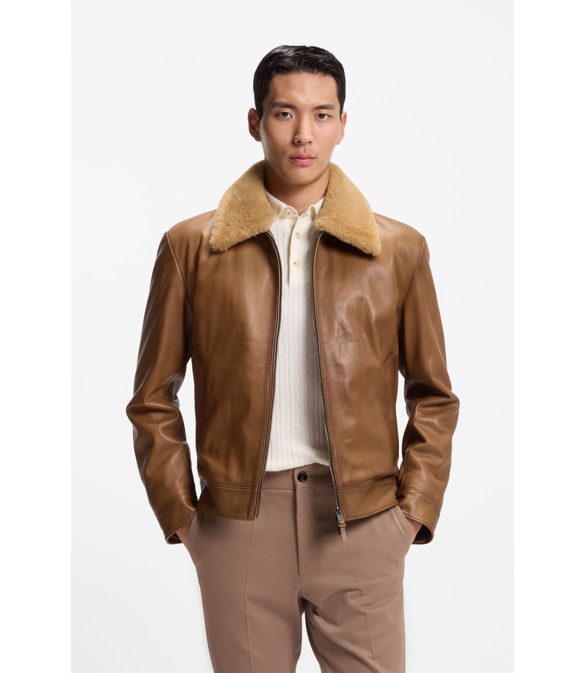 HUGO BOSS ブラウンレザージャケット BOSS - Nappa-leather jacket with two-way zip - Dark Brown