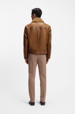 Chaqueta guateada de piel de napa con cuello de borreguillo extra&iacute;ble, Marr&oacute;n