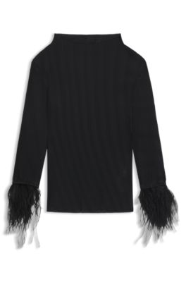 Top plisado de jacquard con ribetes de plumas extra&iacute;bles en los pu&ntilde;os, Negro