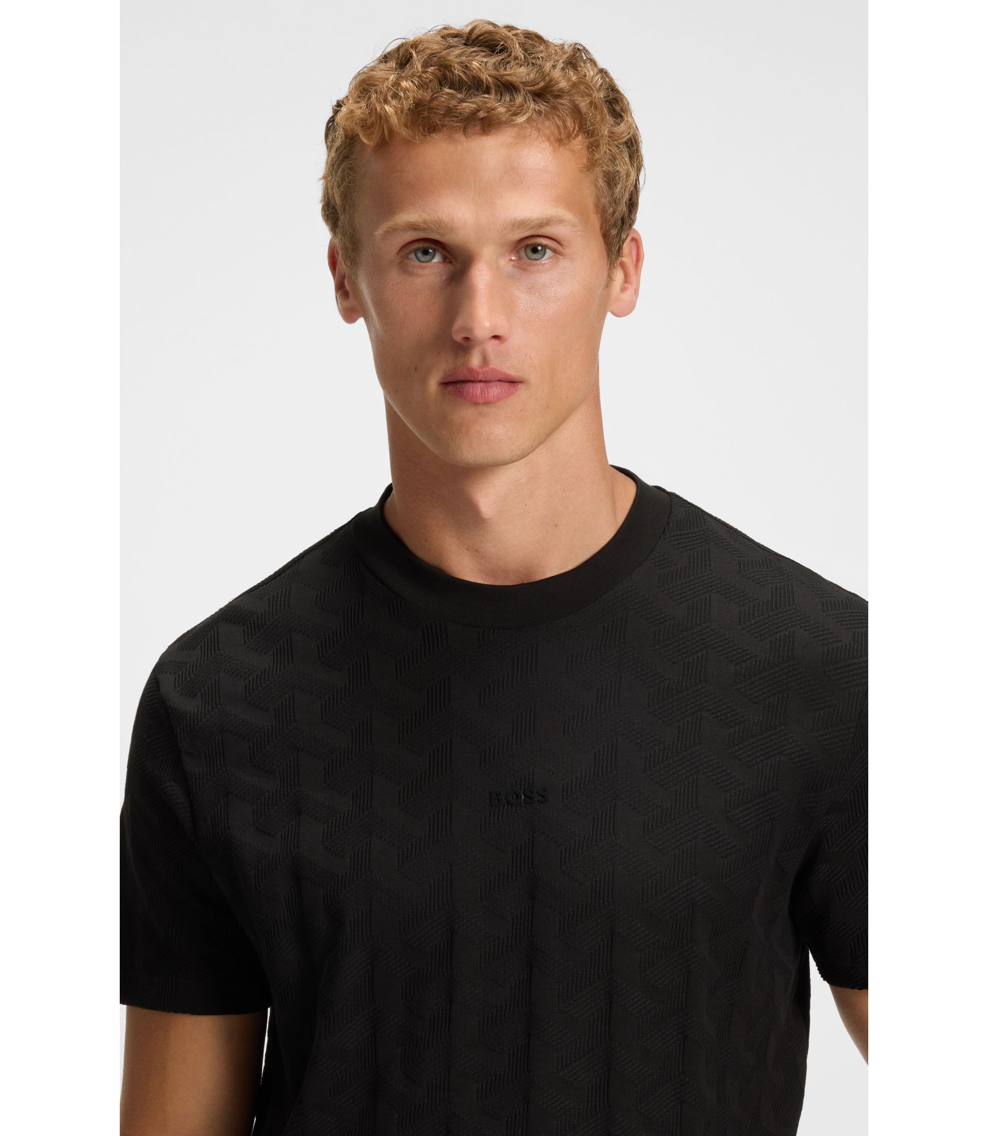 BOSS - Cotton T-shirt with jacquard pattern - Black