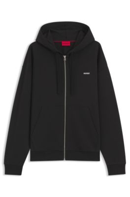 Sudadera de felpa de algod&oacute;n con capucha, cremallera y logo estampado, Negro