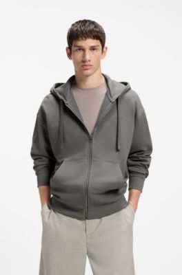 Cotton-terry zip-up hoodie with logo print, Dark Grey
