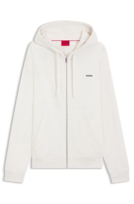 Sudadera de felpa de algod&oacute;n con capucha, cremallera y logo estampado, Blanco