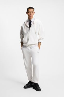 Sudadera de felpa de algod&oacute;n con capucha, cremallera y logo estampado, Blanco