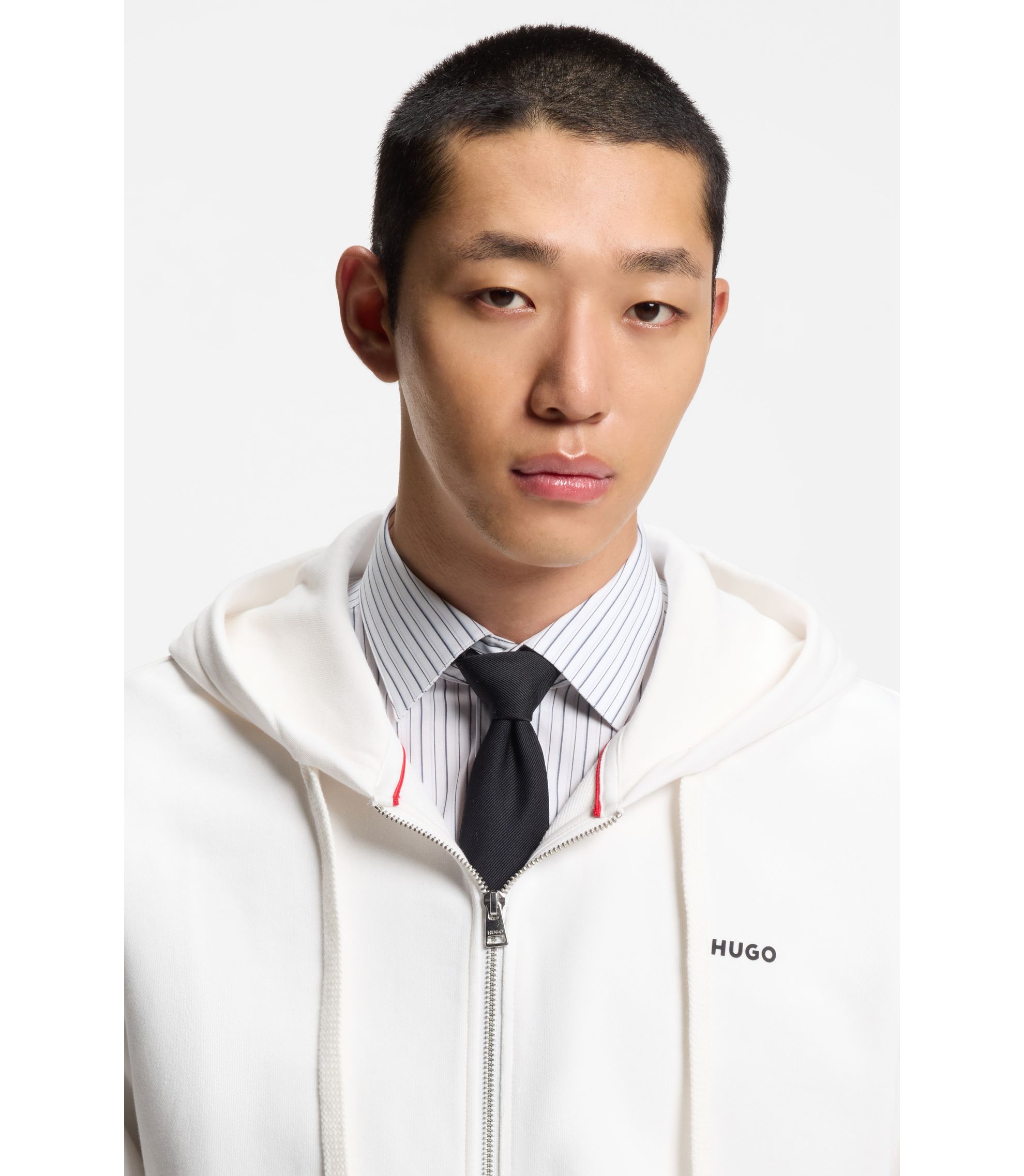 HUGO - Cotton-terry zip-up hoodie with logo print - White