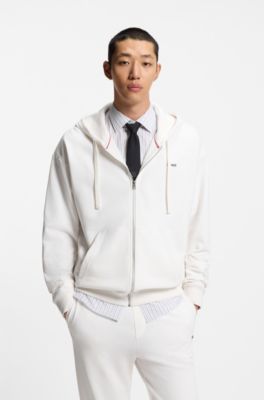 Sudadera de felpa de algod&oacute;n con capucha, cremallera y logo estampado, Blanco