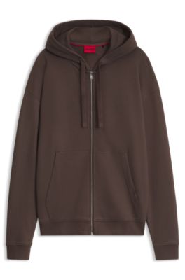 Sudadera de felpa de algod&oacute;n con capucha, cremallera y logo estampado, Marr&oacute;n