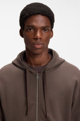 Cotton-terry zip-up hoodie with logo print, Brown