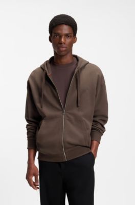 Cotton-terry zip-up hoodie with logo print, Brown