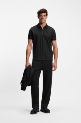 Polo en coton merceris&eacute; avec motif jacquard, Noir