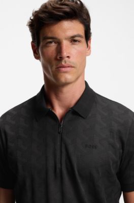 Jacquard-pattern polo shirt in mercerised cotton, Black