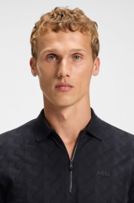 Jacquard-pattern polo shirt in mercerised cotton, Dark Blue