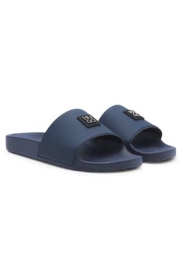 Italian-made slides with stacked-logo uppers, Dark Blue