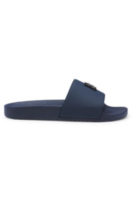 Italian-made slides with stacked-logo uppers, Dark Blue