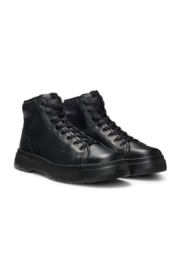 High-top boots in grained leather, Black