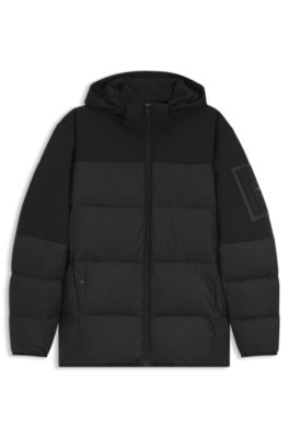 Water-repellent jacket with down filling and detachable hood, Black
