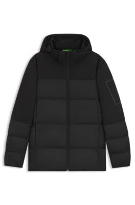 Water-repellent jacket with down filling and detachable hood, Black