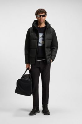 Water-repellent jacket with down filling and detachable hood, Black