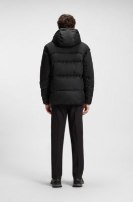 Water-repellent jacket with down filling and detachable hood, Black