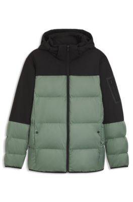 Water-repellent jacket with down filling and detachable hood, Light Green