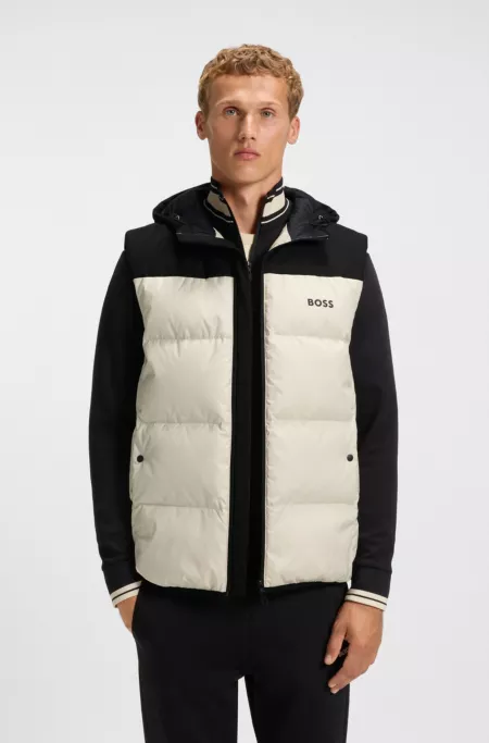 Down-filled gilet with water-repellent finish