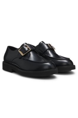 Leather monk shoes with buckled strap, Black