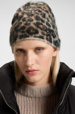 Leopard-jacquard beanie hat, Patterned