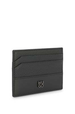 Tarjetero de piel con detalle de logo apilado, Negro