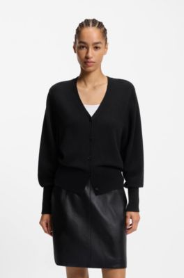 Ribbed-trim cardigan in cashmere, Black