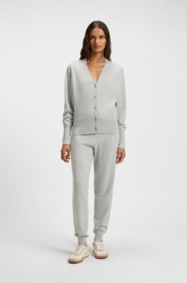 Ribbed-trim cardigan in cashmere, Light Grey