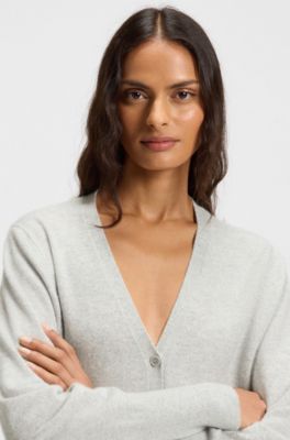Ribbed-trim cardigan in cashmere, Light Grey