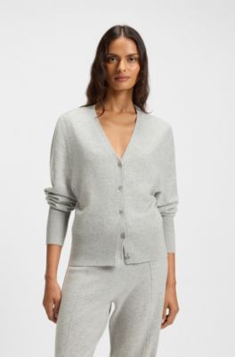 Ribbed-trim cardigan in cashmere, Light Grey