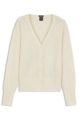 Ribbed-trim cardigan in cashmere, White
