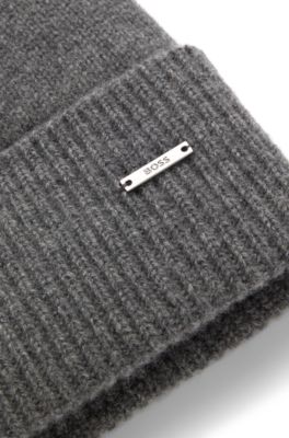 Logo-plaque beanie hat in cashmere, Grey