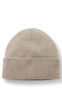 Bonnet en maille de cachemire avec plaquette logo m&eacute;tallique, Brun chin&eacute;