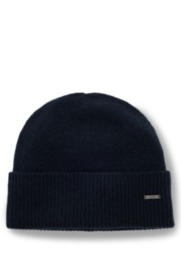 Logo-plaque beanie hat in cashmere, Dark Blue
