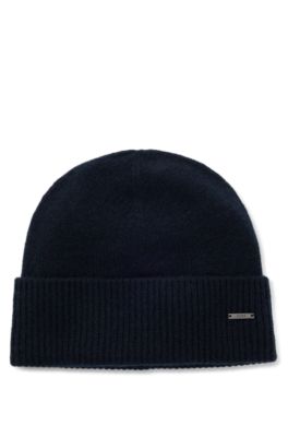 Bonnet en maille de cachemire avec plaquette logo m&eacute;tallique, Bleu fonc&eacute;