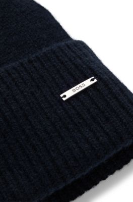 Logo-plaque beanie hat in cashmere, Dark Blue