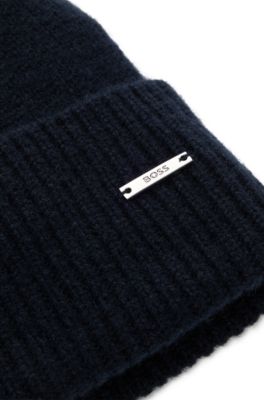 Bonnet en maille de cachemire avec plaquette logo m&eacute;tallique, Bleu fonc&eacute;