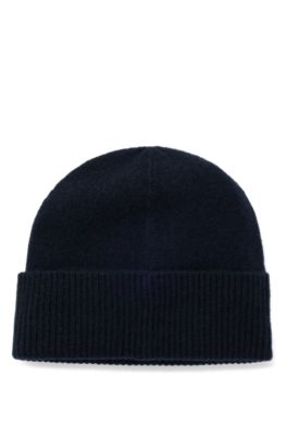 Bonnet en maille de cachemire avec plaquette logo m&eacute;tallique, Bleu fonc&eacute;