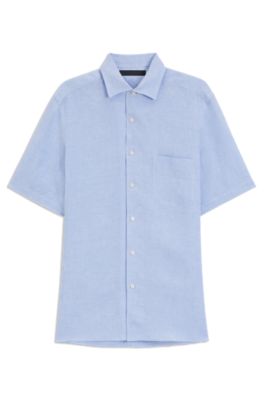 Camisa regular fit BECKHAM x BOSS en 100&nbsp;% lino, Celeste