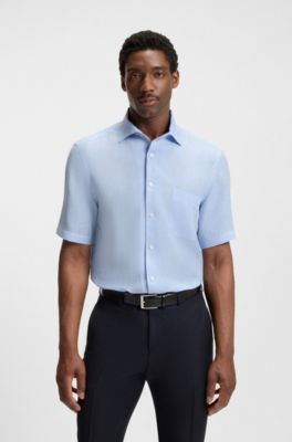 Camisa regular fit BECKHAM x BOSS en 100&nbsp;% lino, Celeste
