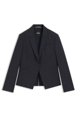 Blazer slim fit a rayas en lana virgen, Azul oscuro