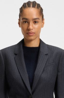 Blazer slim fit a rayas en lana virgen, Azul oscuro
