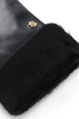Guantes de piel con pu&ntilde;o de imitaci&oacute;n de piel, Negro